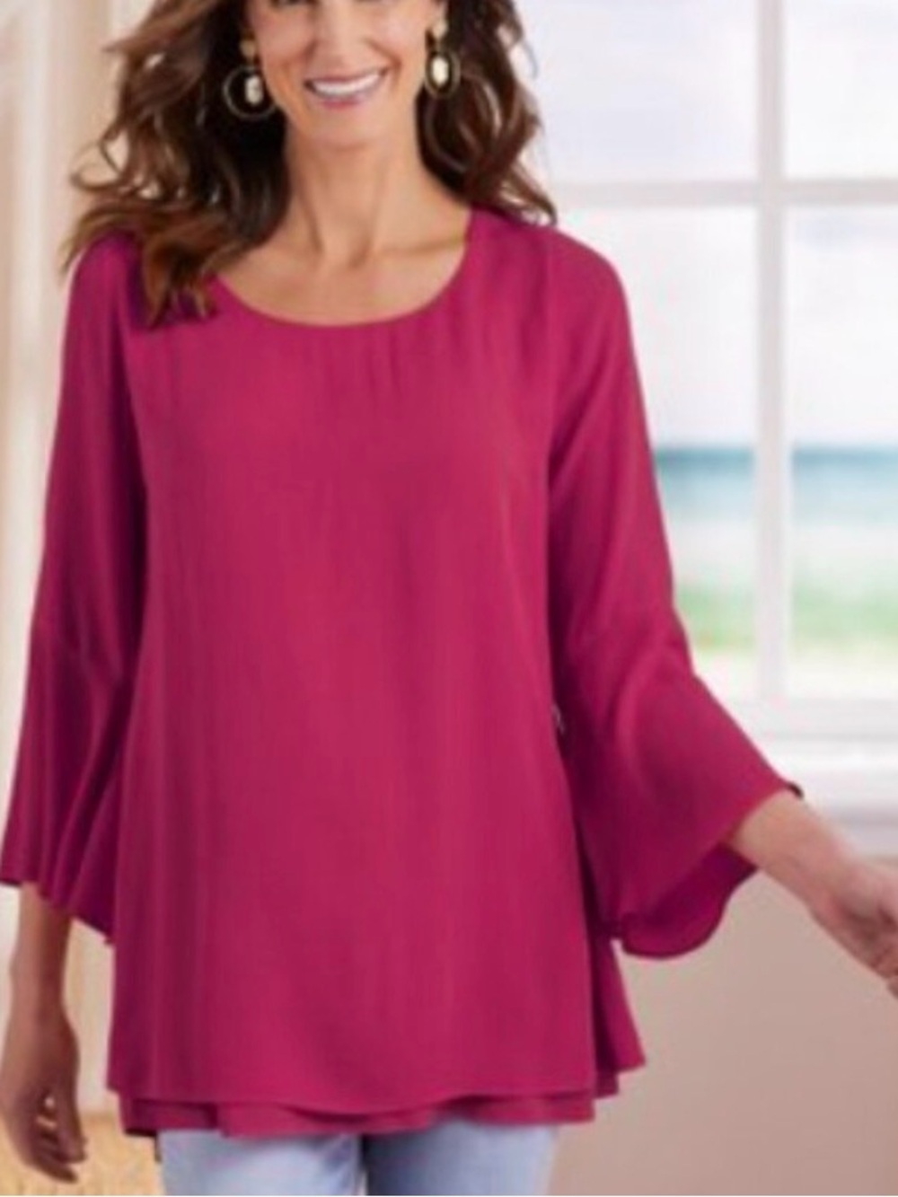 Soft Surroundings Pink Gabby Tunic Blouse Gauzy Flowy Scoop Neck Women's Medium